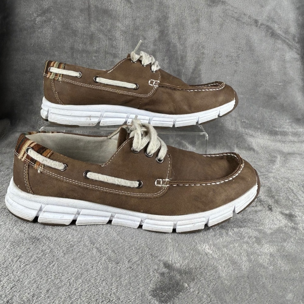 Margaritaville Cabo Brown Canvas Boat Shoes Mens 10M Striped Heel Loafers 315150
